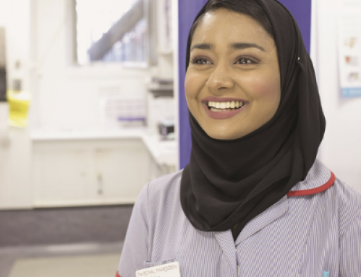 Image of smiley Tahmina, a Senior Staff Nurse at the Royal Marsden Hospital.