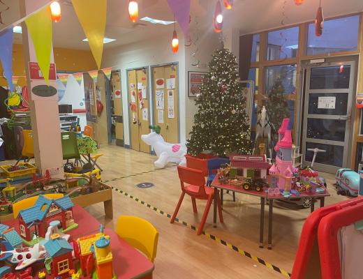 Christmas trees and hanging decorations in the hospital