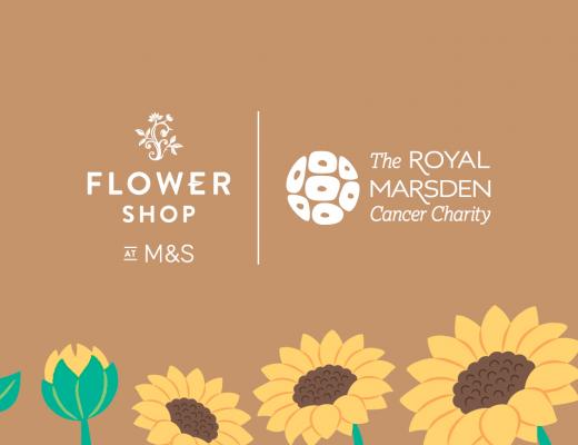 The M&S and Royal Marsden Cancer Charity logo surrounded by illustrated sunflowers