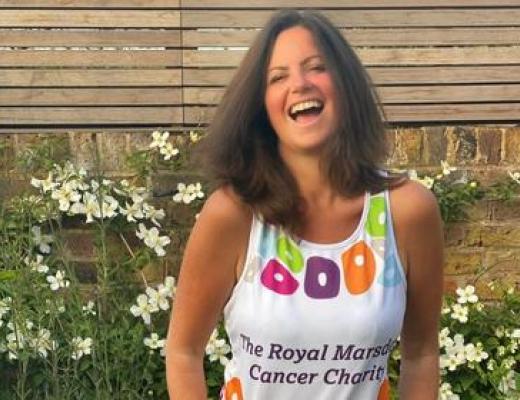 Deborah James, also known as Bowel Babe. Pictured here smiling, wearing a Royal Marsden Cancer Charity fundraising shirt