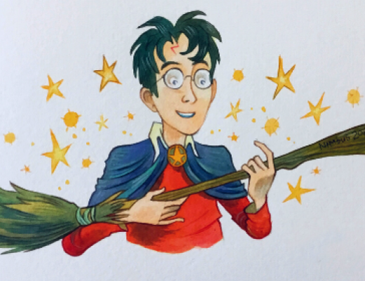 Illustration of Harry Potter holding a broomstick