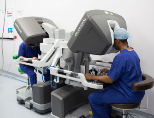 Surgeons training in robotic surgery using the Da Vinci Xi dual control consoles. 