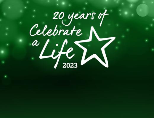 20 years of celebrate a life logo on green sparkle background
