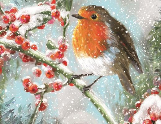 The front design of a Royal Marsden Cancer Charity Christmas card. depicting a Robin sitting on a branch in the snow
