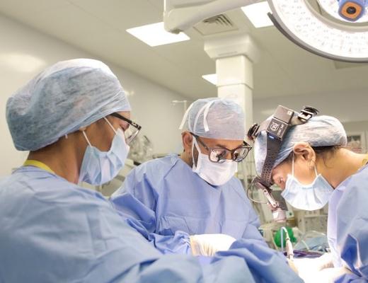 Three surgeons in scrubs and masks looking down and carrying out an operation
